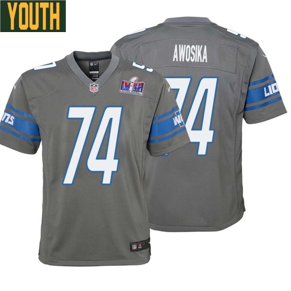 Kayode Awosika No 74 Youths Custom Gray Detroit Lions Alternate Super Bowl Lviii Game Jersey