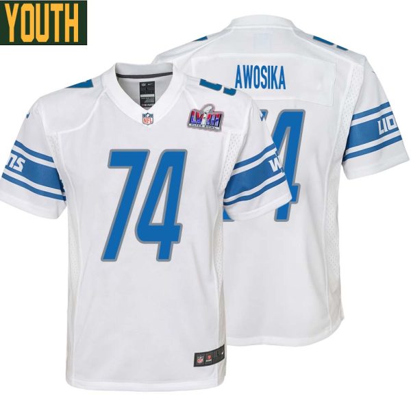 Kayode Awosika No 74 Youths Custom White Detroit Lions Super Bowl Lviii Away Game Jersey