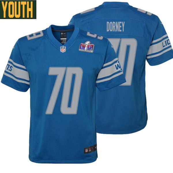 Keith Dorney No 70 Youths Custom Blue Detroit Lions Super Bowl Lviii Player Home Game Jersey
