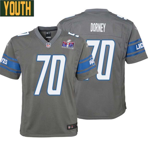 Keith Dorney No 70 Youths Custom Gray Detroit Lions Alternate Super Bowl Lviii Game Jersey