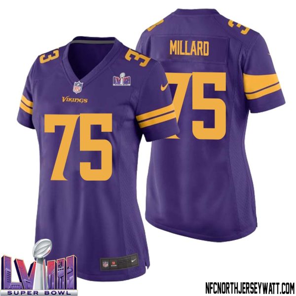 Keith Millard No 75 Minnesota Vikings Super Bowl Lviii Alternate Game Jersey Purple For Women – Replica