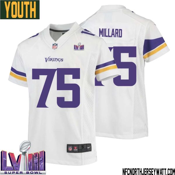 Keith Millard No 75 Minnesota Vikings Super Bowl Lviii Away Game Jersey White For Youth – Replica