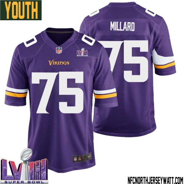 Keith Millard No 75 Minnesota Vikings Super Bowl Lviii Home Game Jersey Court Purple For Youth – Replica