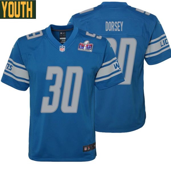 Khalil Dorsey No 30 Youths Custom Blue Detroit Lions Super Bowl Lviii Player Home Game Jersey