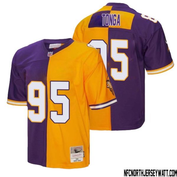 Khyiris Tonga No 95 Men Mitchell & Ness Purple Gold Minnesota Vikings 1998 Split Legacy Replica Jersey