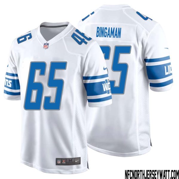 Les Bingaman No 65 Men White Detroit Lions Player Away Game Jersey – Replica