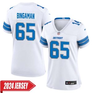 Les Bingaman No 65 Woman’s Detroit Lions Away Game 2024 Jersey – White