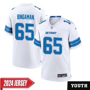 Les Bingaman No 65 Youth’s Detroit Lions Away Game 2024 Jersey – White