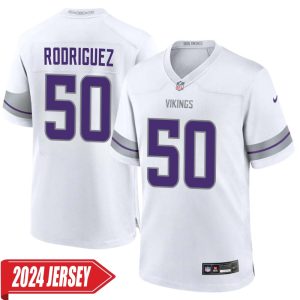 Levi Drake Rodriguez No 50 Men’s Minnesota Vikings White Alternate Custom Game 2024 Jersey
