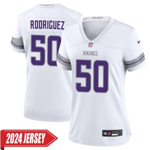 Levi Drake Rodriguez No 50 Woman’s Minnesota Vikings White Alternate Custom Game 2024 Jersey