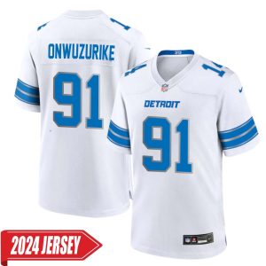 Levi Onwuzurike No 91 Men’s Detroit Lions Away Game 2024 Jersey – White