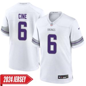 Lewis Cine No 6 Men’s Minnesota Vikings White Alternate Custom Game 2024 Jersey