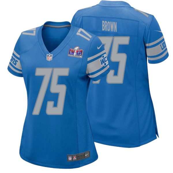 Lomas Brown No 75 Womens Custom Blue Detroit Lions Super Bowl Lviii Player Home Game Jersey