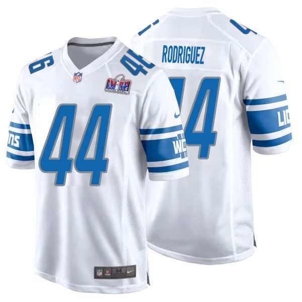 Malcolm Rodriguez No 44 Mens Custom White Detroit Lions Super Bowl Lviii Away Game Jersey