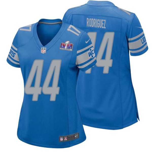 Malcolm Rodriguez No 44 Womens Custom Blue Detroit Lions Super Bowl Lviii Player Home Game Jersey