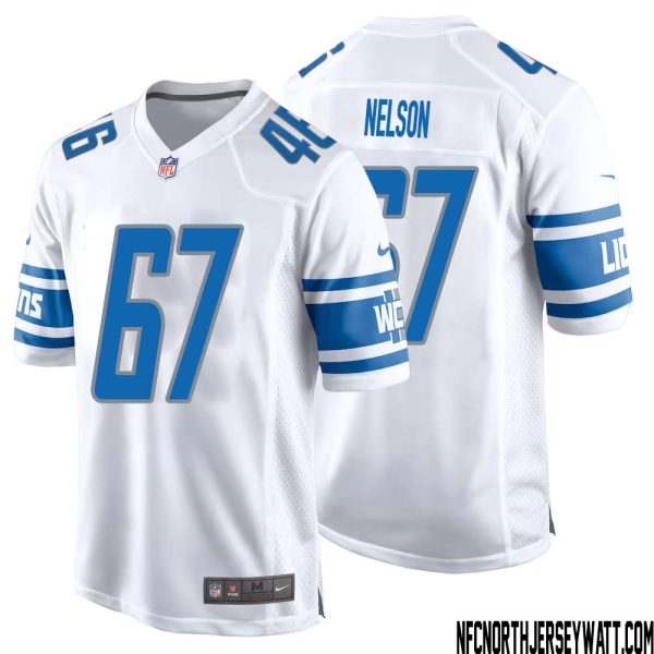 Matt Nelson No 67 Men White Detroit Lions Player Away Game Jersey – Replica