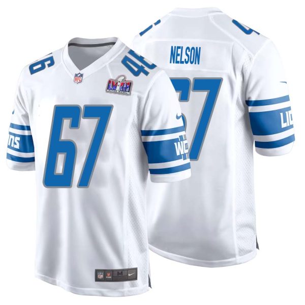 Matt Nelson No 67 Mens Custom White Detroit Lions Super Bowl LVIII Away Game Jersey