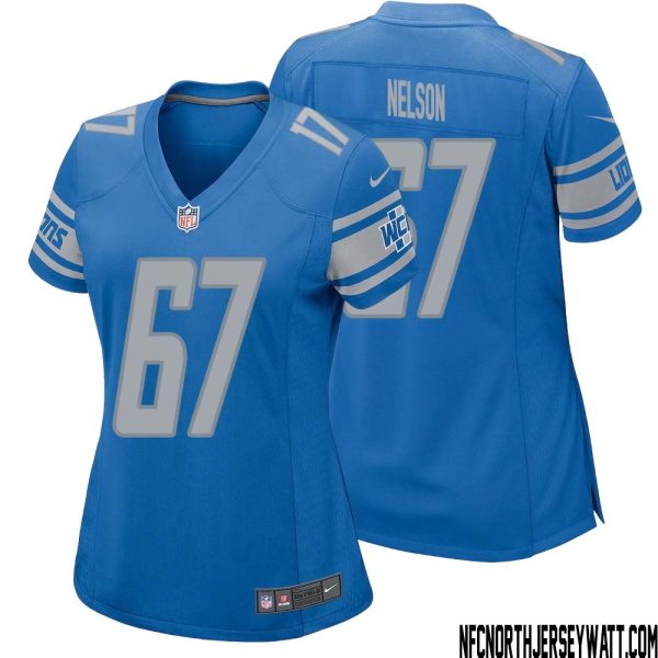 Matt Nelson No 67 Women Blue Detroit Lions Player Home Game Jersey – Replica