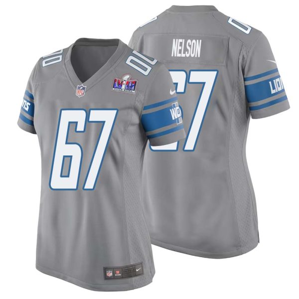 Matt Nelson No 67 Womens Custom Gray Detroit Lions Alternate Super Bowl Lviii Game Jersey