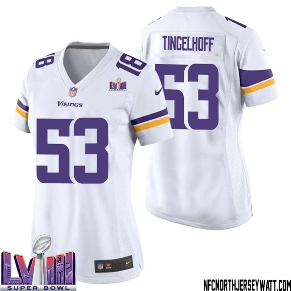 Mick Tingelhoff No 53 Minnesota Vikings Super Bowl Lviii Away Game Jersey White For Women – Replica