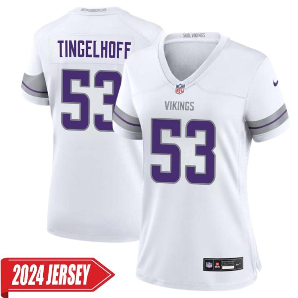 Mick Tingelhoff No 53 Woman’S Minnesota Vikings White Alternate Custom Game 2024 Jersey