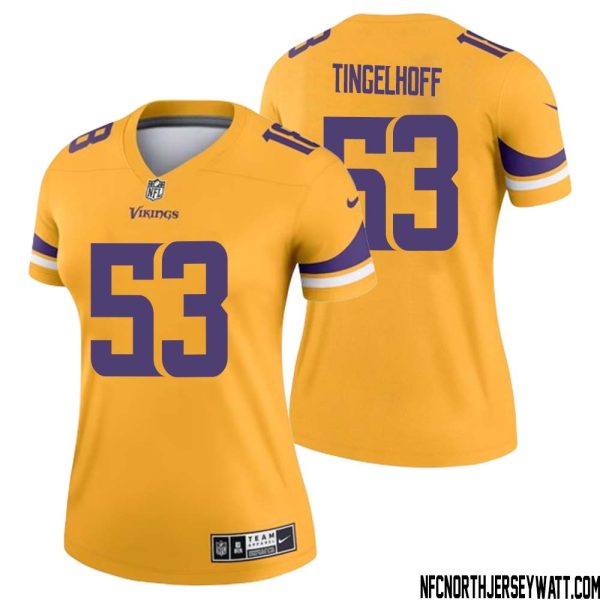 Mick Tingelhoff No 53 Women Minnesota Vikings Gold Inverted Legend Jersey – Replica