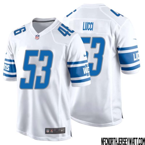 Mike Lucci No 53 Men White Detroit Lions Player Away Game Jersey – Replica