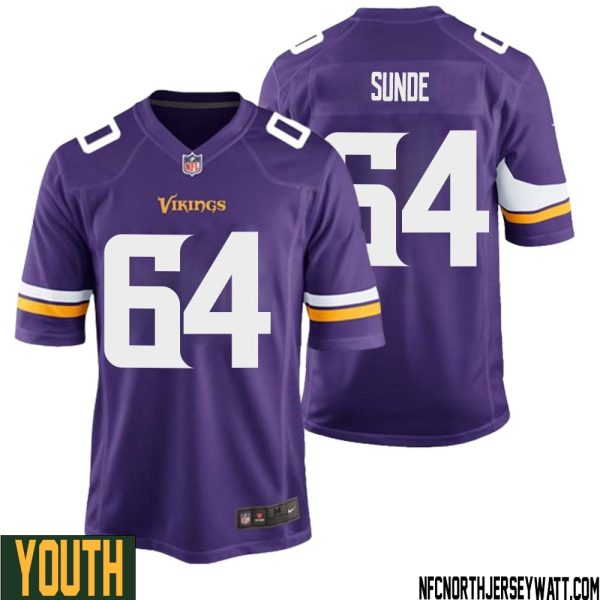 Milt Sunde No 64 Minnesota Vikings Game Jersey Court Purple for Youth – Replica