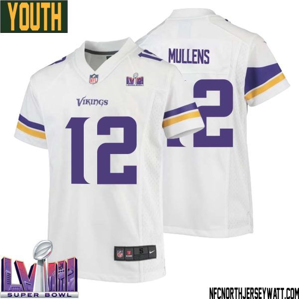 Nick Mullens No 12 Minnesota Vikings Super Bowl Lviii Away Game Jersey White For Youth – Replica