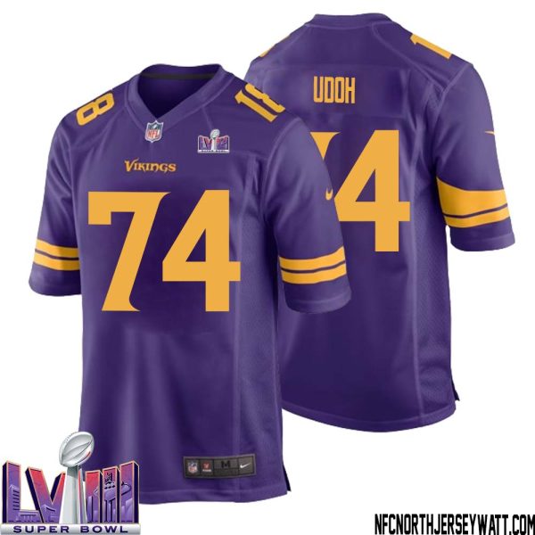 Olisaemeka Udoh No 74 Minnesota Vikings Super Bowl Lviii Alternate Game Jersey Purple For Men – Replica