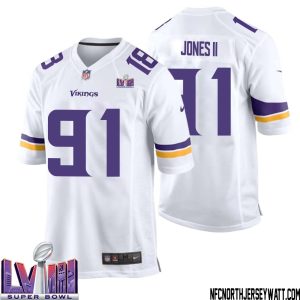 Pat Jones II No 91 Minnesota Vikings Super Bowl LVIII Away Game Jersey White for Men – Replica