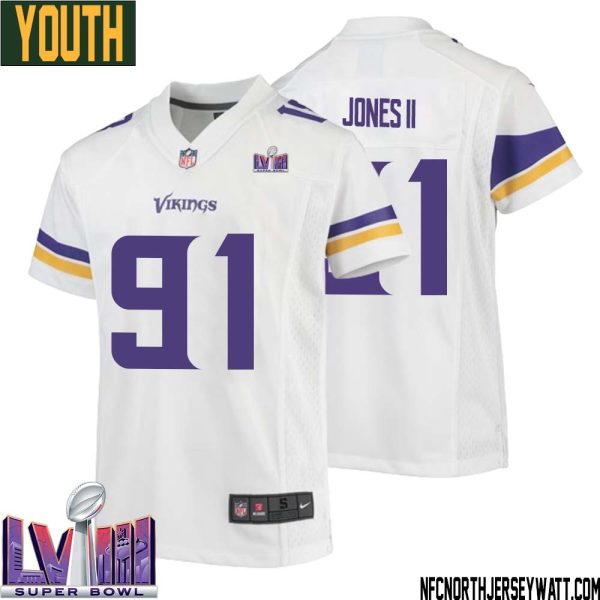 Pat Jones Ii No 91 Minnesota Vikings Super Bowl Lviii Away Game Jersey White For Youth – Replica
