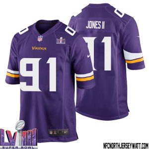 Pat Jones II No 91 Minnesota Vikings Super Bowl LVIII Home Game Jersey Court Purple for Mens – Replica