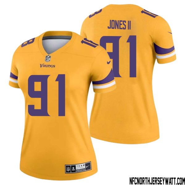 Pat Jones Ii No 91 Women Minnesota Vikings Gold Inverted Legend Jersey – Replica