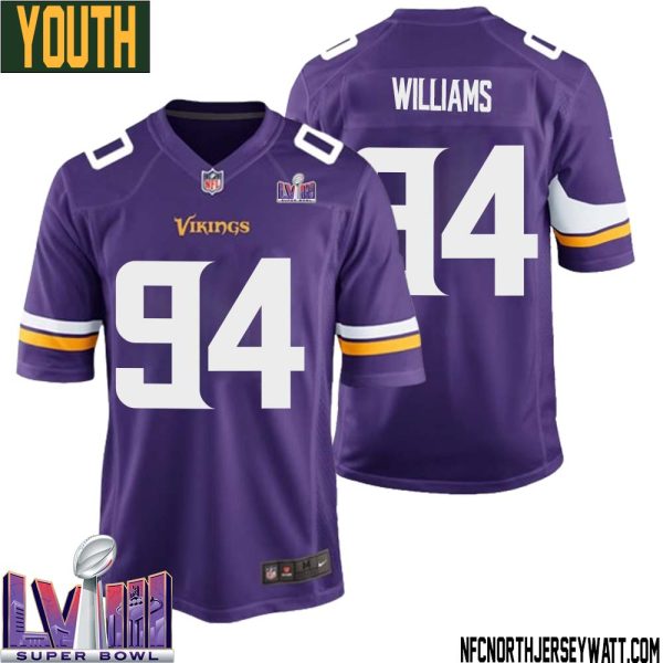 Pat Williams No 94 Minnesota Vikings Super Bowl Lviii Home Game Jersey Court Purple For Youth – Replica