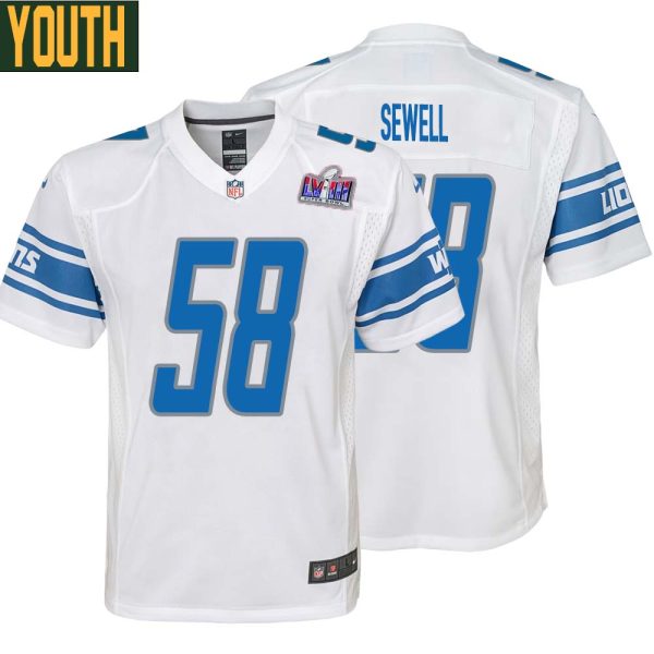 Penei Sewell No 58 Youths Custom White Detroit Lions Super Bowl Lviii Away Game Jersey