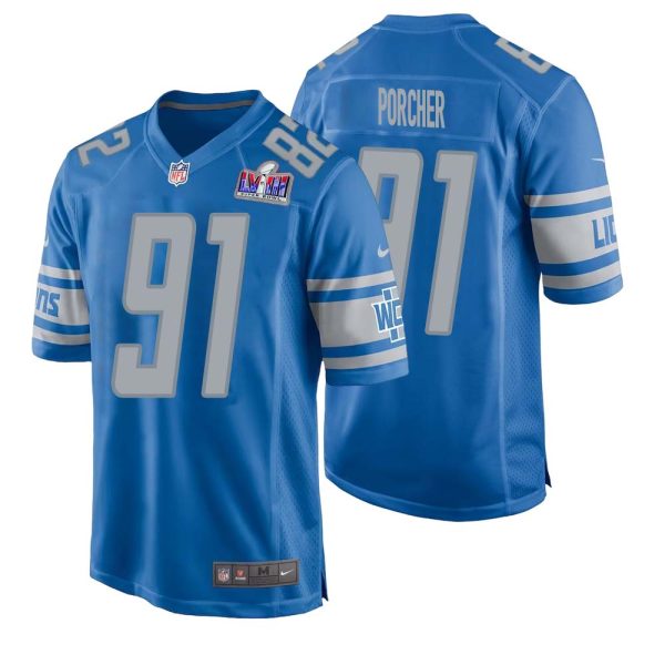 Robert Porcher No 91 Mens Custom Blue Detroit Lions Super Bowl Lviii Player Home Game Jersey