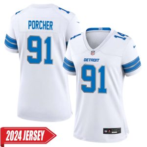 Robert Porcher No 91 Woman’s Detroit Lions Away Game 2024 Jersey – White