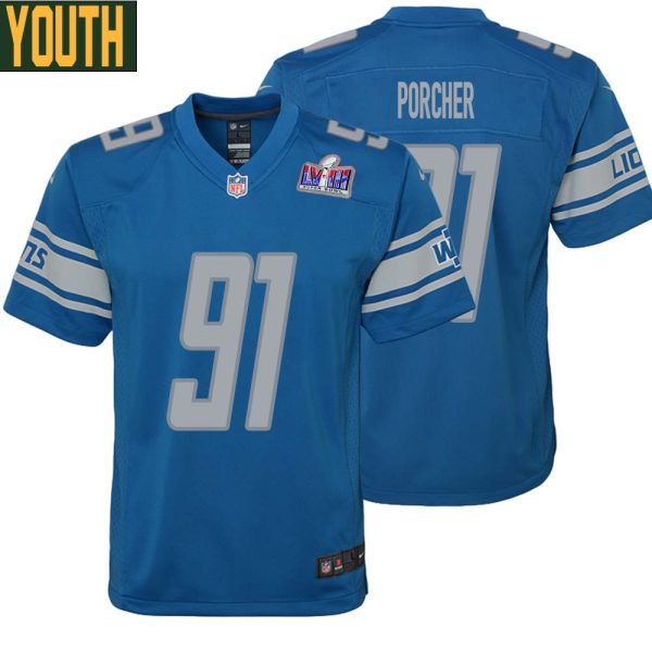 Robert Porcher No 91 Youths Custom Blue Detroit Lions Super Bowl Lviii Player Home Game Jersey