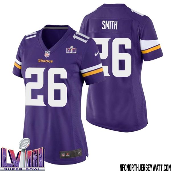Robert Smith No 26 Minnesota Vikings Super Bowl Lviii Home Game Jersey Court Purple For Women – Replica