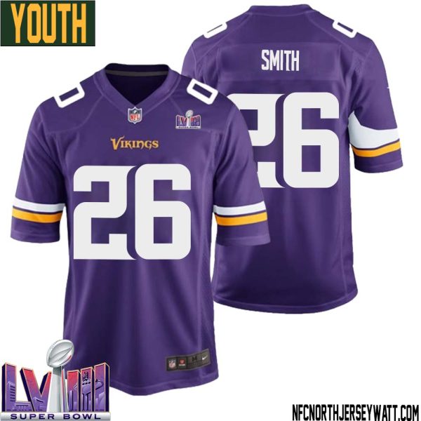 Robert Smith No 26 Minnesota Vikings Super Bowl Lviii Home Game Jersey Court Purple For Youth – Replica