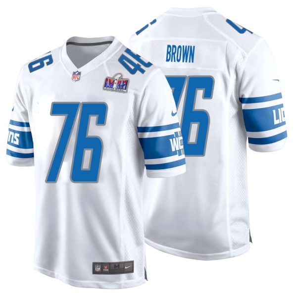 Roger Brown No 76 Mens Custom White Detroit Lions Super Bowl Lviii Away Game Jersey