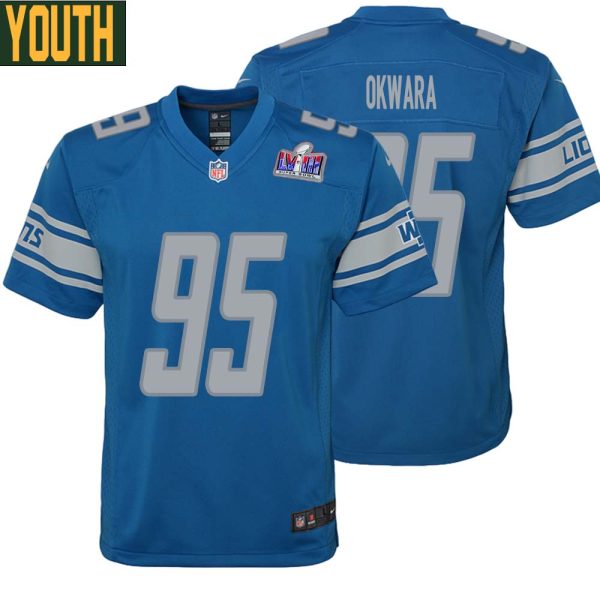 Romeo Okwara No 95 Youths Custom Blue Detroit Lions Super Bowl Lviii Player Home Game Jersey
