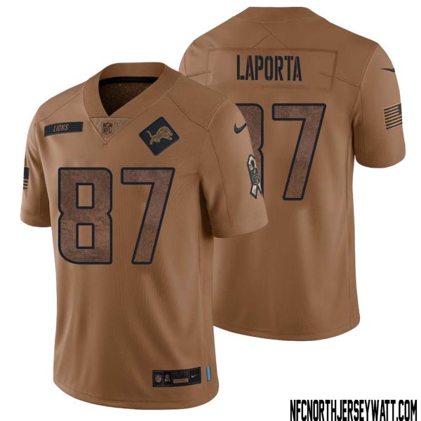 Sam LaPorta No 87 Men Brown Detroit Lions 2023 Salute To Service Retired Player Limited Jersey – Replica