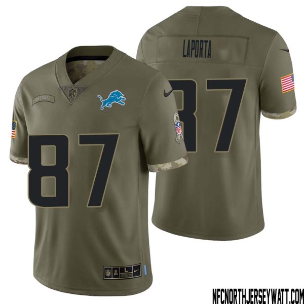 Sam LaPorta No 87 Men Olive Detroit Lions 2022 Salute To Service Retired Player Limited Jersey – Replica