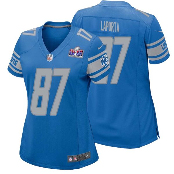 Sam Laporta No 87 Womens Custom Blue Detroit Lions Super Bowl Lviii Player Home Game Jersey