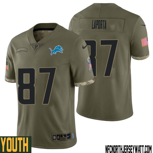 Sam Laporta No 87 Youth Olive Detroit Lions 2022 Salute To Service Retired Player Limited Jersey – Replica