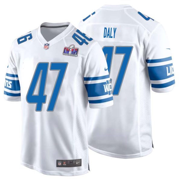 Scott Daly No 47 Mens Custom White Detroit Lions Super Bowl LVIII Away Game Jersey