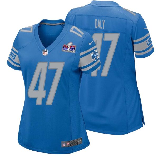 Scott Daly No 47 Womens Custom Blue Detroit Lions Super Bowl Lviii Player Home Game Jersey