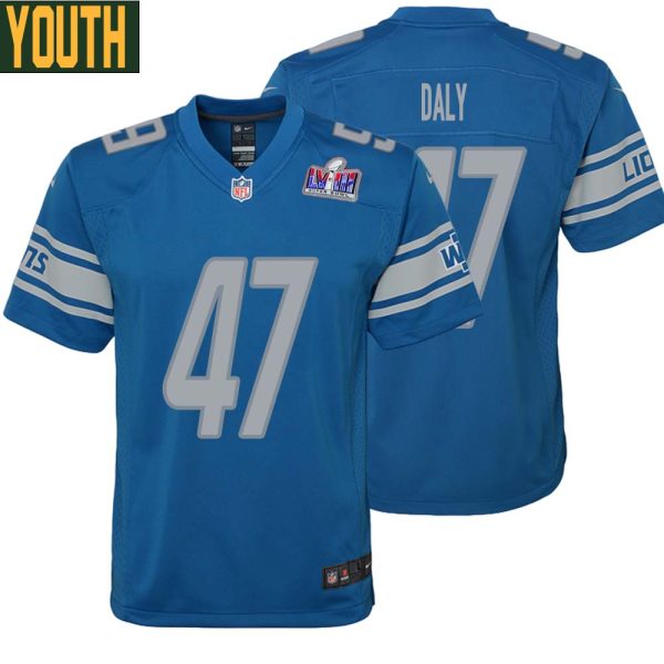 Scott Daly No 47 Youths Custom Blue Detroit Lions Super Bowl Lviii Player Home Game Jersey